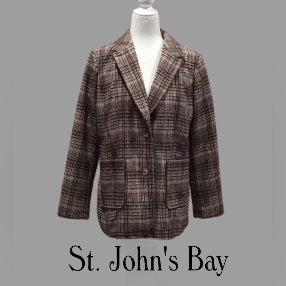ST JOHN’S BAY Brown Houndstooth Tweed Womens Two Button Blazer Size Petite Large